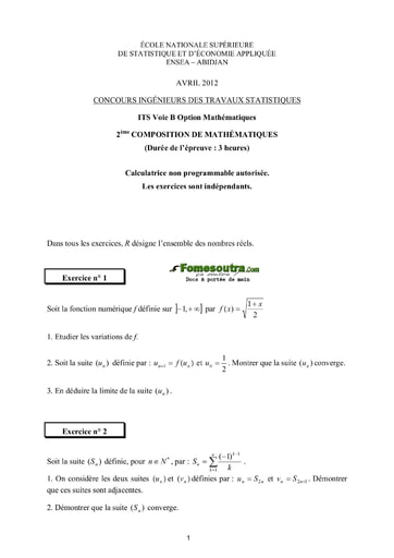 Sujet 2ème épreuve de maths ITS B option Maths 2012 (ENSEA)