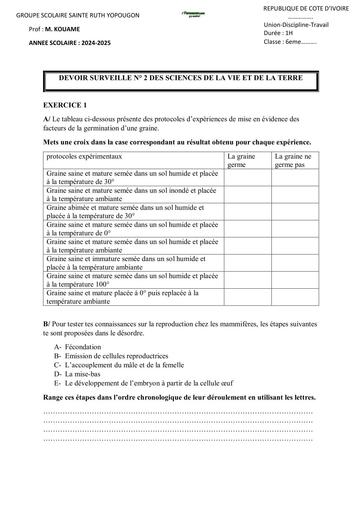 SUJET 6ième devoir SVT 6eme st ruth de YOP BY TEHUA