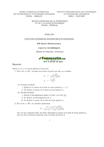 Sujet de Calcul numérique ISE option maths 2009 (ENSEA - ISSEA - ENSAE)