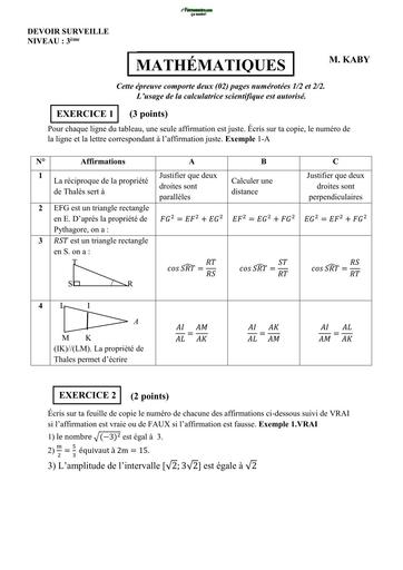 DEVOIR DE MATHS NIVEAU 3ième TRIMESTRE 2 BY TEHUA