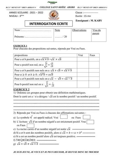 INTERRO ECRITE DE MATHS NIVEAU 3ieme SUR RACINE CARREE COLLEGE STE MOISE BY TEHUA