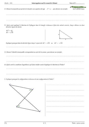 Thalès - racines carrées - Sujet (1) de maths niveau 3eme