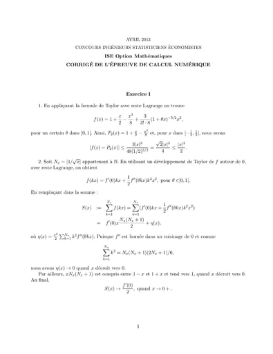 Corrigé Calcul numérique ISE option maths 2013 (ENSEA - ISSEA - ENSAE)