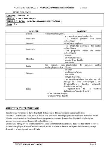 FICHE DE COURS CHIMIE Tle D L4 ACIDES CARBOXYLIQUE