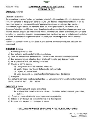 EVALUATION DU MOIS DE SEPTEMBRE SVT 5e by TEHUA