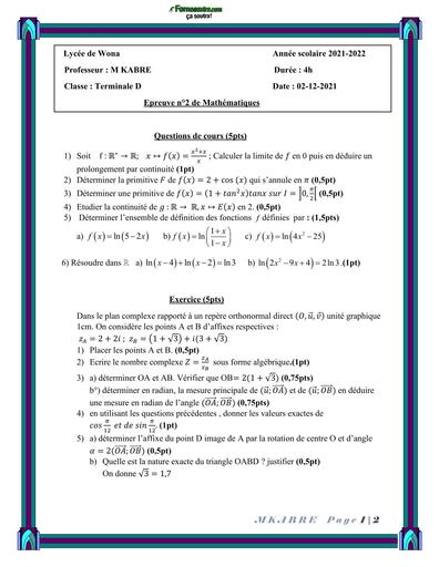 DEVOIR DE MATHS Tle D N°2 LYCEE DE WONA 2024 BY TEHUA