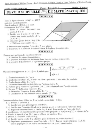 Devoir de Mathématiques niveau Terminale E - Lycée Technique d'Abidjan