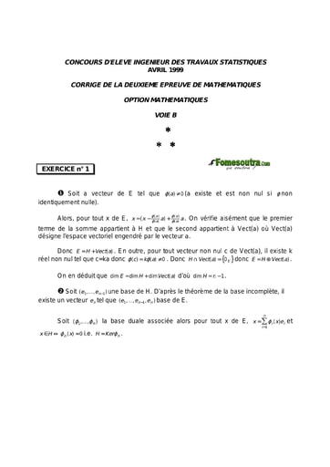 Corrigé 2ème épreuve de maths ITS B option Maths 1999 (ENSEA)