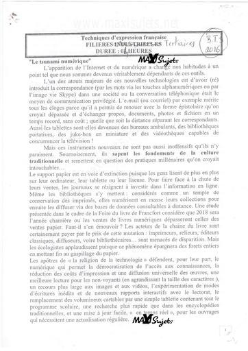 Devoir BTS 2016_français_filière tertiaire- - ASSISTANAT DE DIRECTION CARRIERE JURIDIQUE ET PROFESSIONS IMMOBILIERES FINANCE ASSURANCE FINANCE COMPTABILITE ET GESTION D’ENTRPRISE GESTION COMMERCIAL GESTION DES COLLECTIVITÉS TERRITORIALE by Tehua