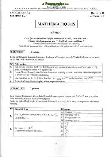 Sujet corrigé et barème de Maths BAC C 2021