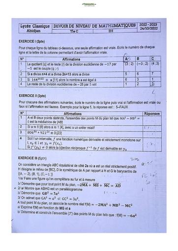 Sujets de Mathématique série C Lycée Classique d'Abidjan  2023