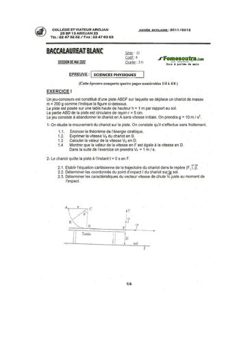 Sujet de Physique-Chimie BAC blanc série D 2012 - Collège St Viateur Abidjan