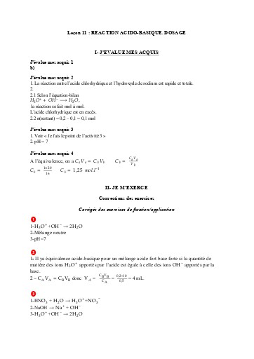 Corrigés Leçon 11 Réaction acido basique