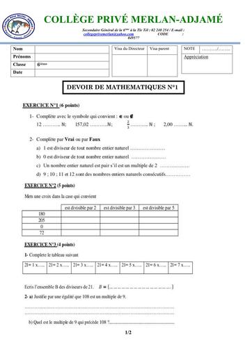 DEVOIR DE MATHS N°1 NIVEAU 6ième MERLAN Octobre 2025 by TEHUA