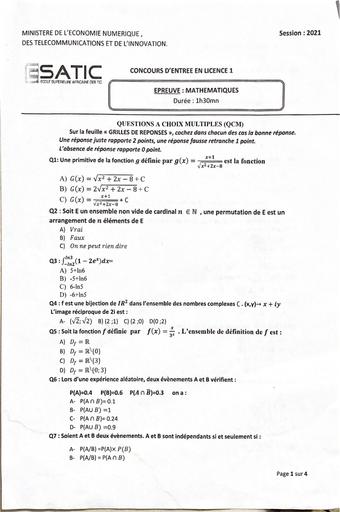 Sujet de Maths 2021 Concours Licence ESATIC