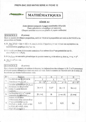 PREPA BAC 2025 MATHS SERIE A1 SUJET 12 AVEC CORRIGE BY TEHUA