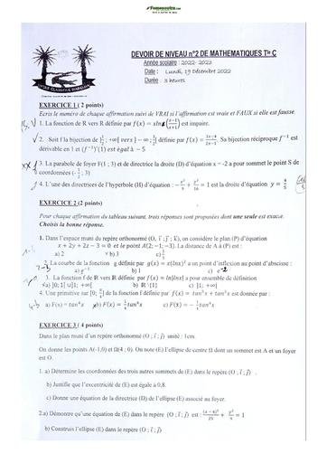 Sujets de Mathématique série C Lycée Classique d'Abidjan 2022-2023