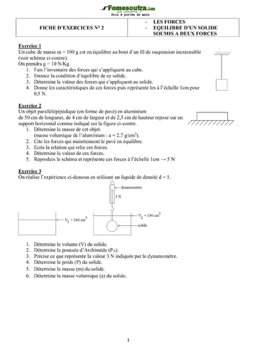 Fiche d'exercices sur les forces, équilibre d'un solide soumis à deux forces