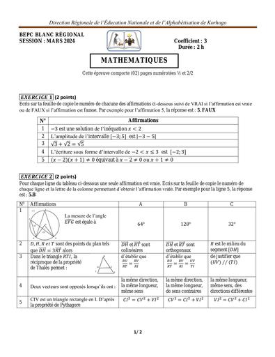 SUJET EXAMEN BLANC 2024 BEPC Korhogo 2024 by Tehua