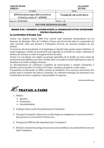 Sujet d'économie pour les filières industrielle