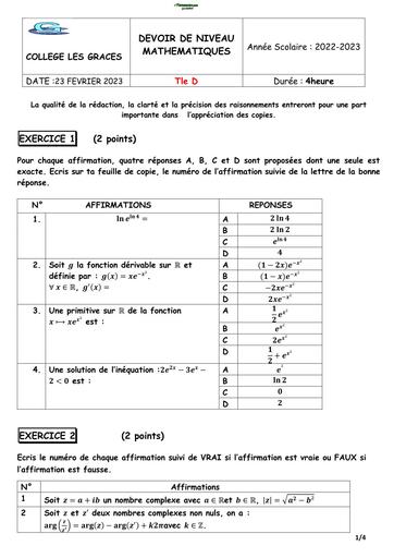 DEVOIR DE NIVEAU MATHS Tle D TRIMESTRE 3 COLLEGE LES GRACES FEVRIER 2023 BY TEHUA