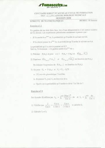 Sujet de Maths Technicien de Biologie Médicale INFAS 2008