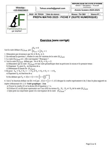 PREPA BAC 2025 MATHS SERIE C&D FICHE F (SUITE NUMERIQUE)  AVRIL 2025 BY TEHUA