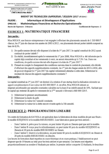 Mathématiques Financières et Recherche Opérationnelle - BTS blanc 2017 - Filière Informatique et Développeurs d'Applications