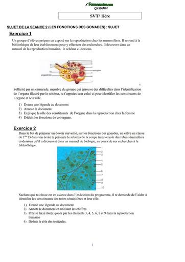 COURS DE VACANCES SVT 1ière SUJET 2 (LES FONCTIONS DES GONADES) BY TEHUA