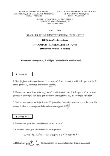 Sujet 2ème épreuve de maths ISE option maths 2013 (ENSEA - ISSEA - ENSAE)