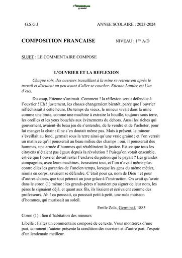 EXAMEN BLANC LOCAL 2024 niveau 1ière A FR COMMENTAIRE COMPOSE DREN ISSIA BY TEHUA