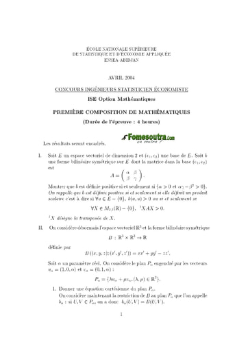 Sujet 1ère épreuve de maths ISE option maths 2004 (ENSEA)