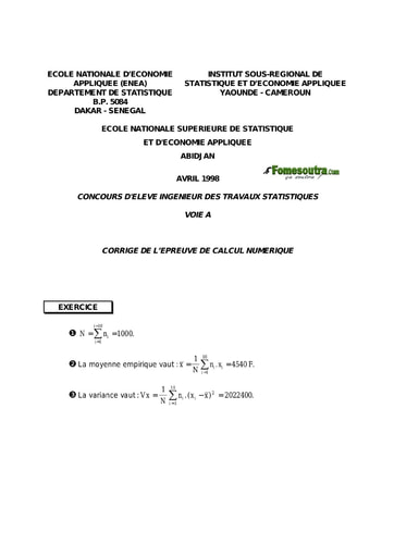 Corrigé Calcul numérique ITS A 1998 (ENSEA - ENSAE - ISSEA)