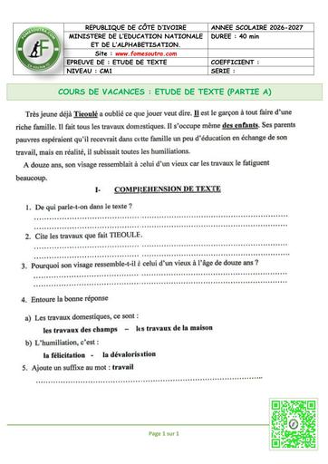 FICHE 1 Français CM1 ETUDE DE TEXTE PARTIE A by TEHUA