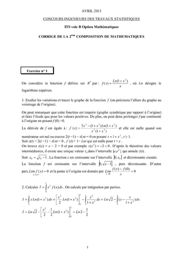 Corrigé 2ème épreuve de maths ITS B option Maths 2013 (ENSEA)