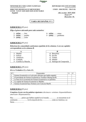 DEVOIR D'ESPAGNOL Niveau 4ième LYCEE NANAN KOUAKOU KOUAO DE NIABLE by TEHUA