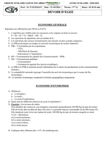 Devoir d'Economie Générale Première G2 (1ère G2)