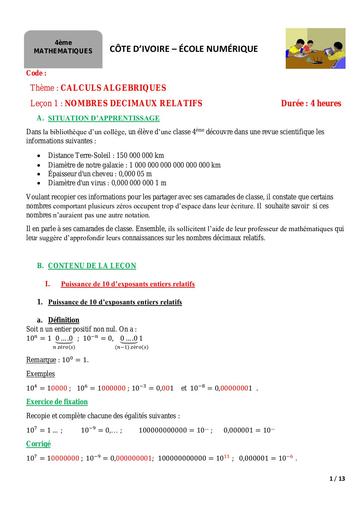 Maths 4ième Cours complet école numérique ( Côte d’Ivoire)