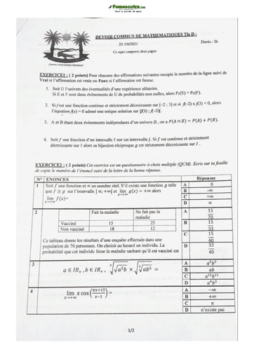 Sujet de Mathématique Terminale D 2021 Lycée Classique Abidjan