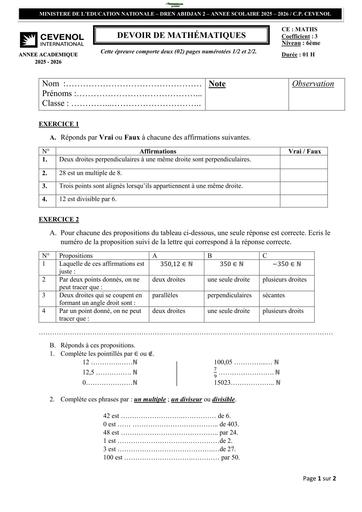 DEVOIR DE MATHS NIVEAU 6ième CEVEROL INTERNATIONAL 2026 BY TEHUA