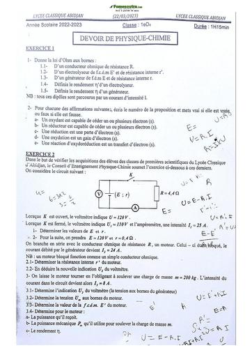 Sujet de Chimie Niveau Première D Lycée Classique Abidjan 2022-2023