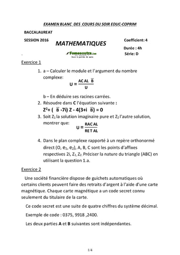 Sujet maths BAC blanc serie D 2016 - Cours du soir Educ-Coprim