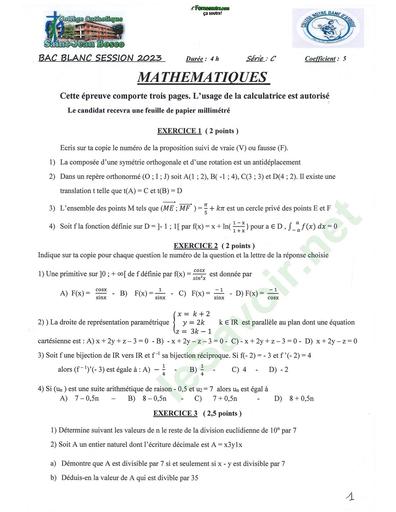 DEVOIR DE MATHS Niveau Tle C Collège SJB 2023 by TEHUA