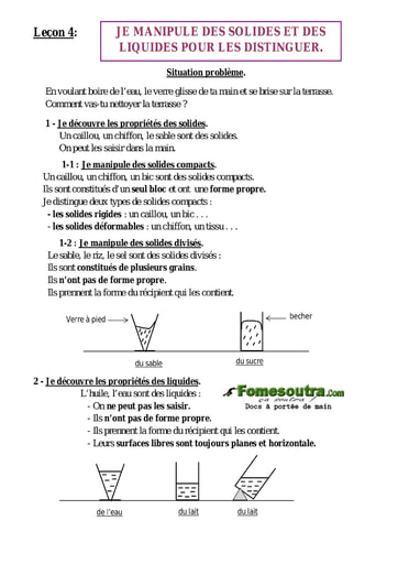 Leçon 4 : Je manipule des solides et des liquides pour les distinguer - Cours chimie 6eme