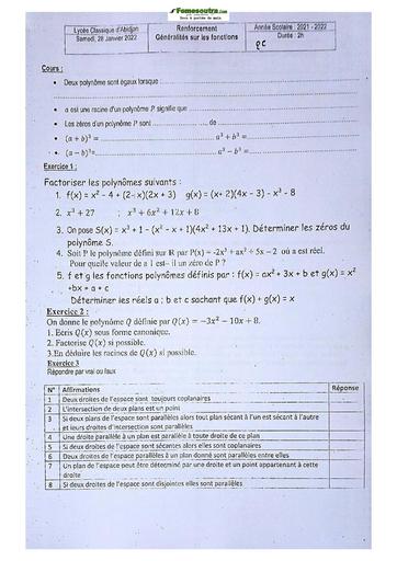 Sujet de Mathématique Seconde C 2021-2022 Lycée Classique Abidjan