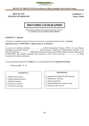 Sujet Histoire-Géographie BEPC blanc 2019 - Collège Catholique Saint Charles Lwanga