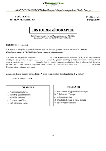 Sujet Histoire-Géographie BEPC blanc 2019 - Collège Catholique Saint Charles Lwanga