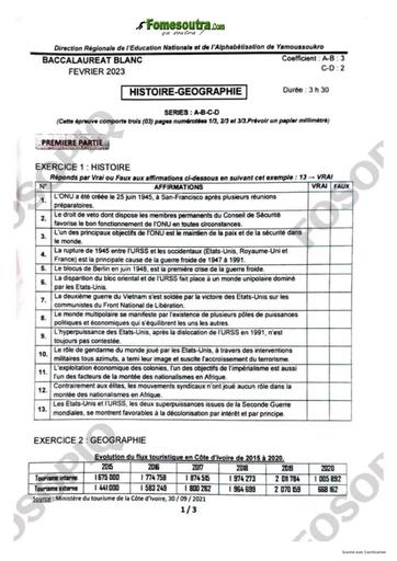 SUJET ET CORRIGE BAC BLANC 2023 HISTOIRE GEOGRAPHIE SERIE ABCD REGIONAL DE YAKRO COTE D'IVOIRE