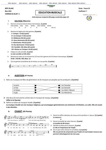BEPC BLANC 2024 SUJET D'EDUCATION MUSICALE DRENA ABIDJAN 1 BY TEHUA