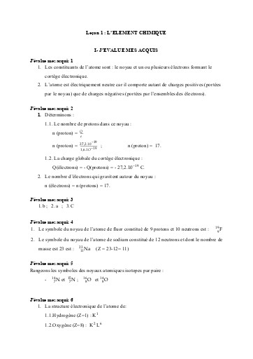 Corrigés Leçon 1  Elément chimique